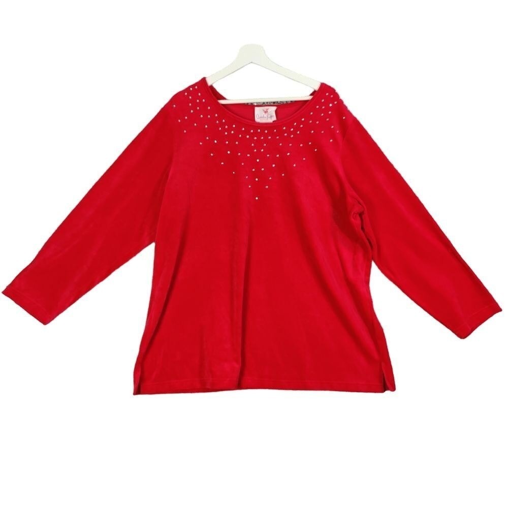 Quacker Factory Women Coquette Velour Sweater 1X Rhinestone Festive Sparkle NEW